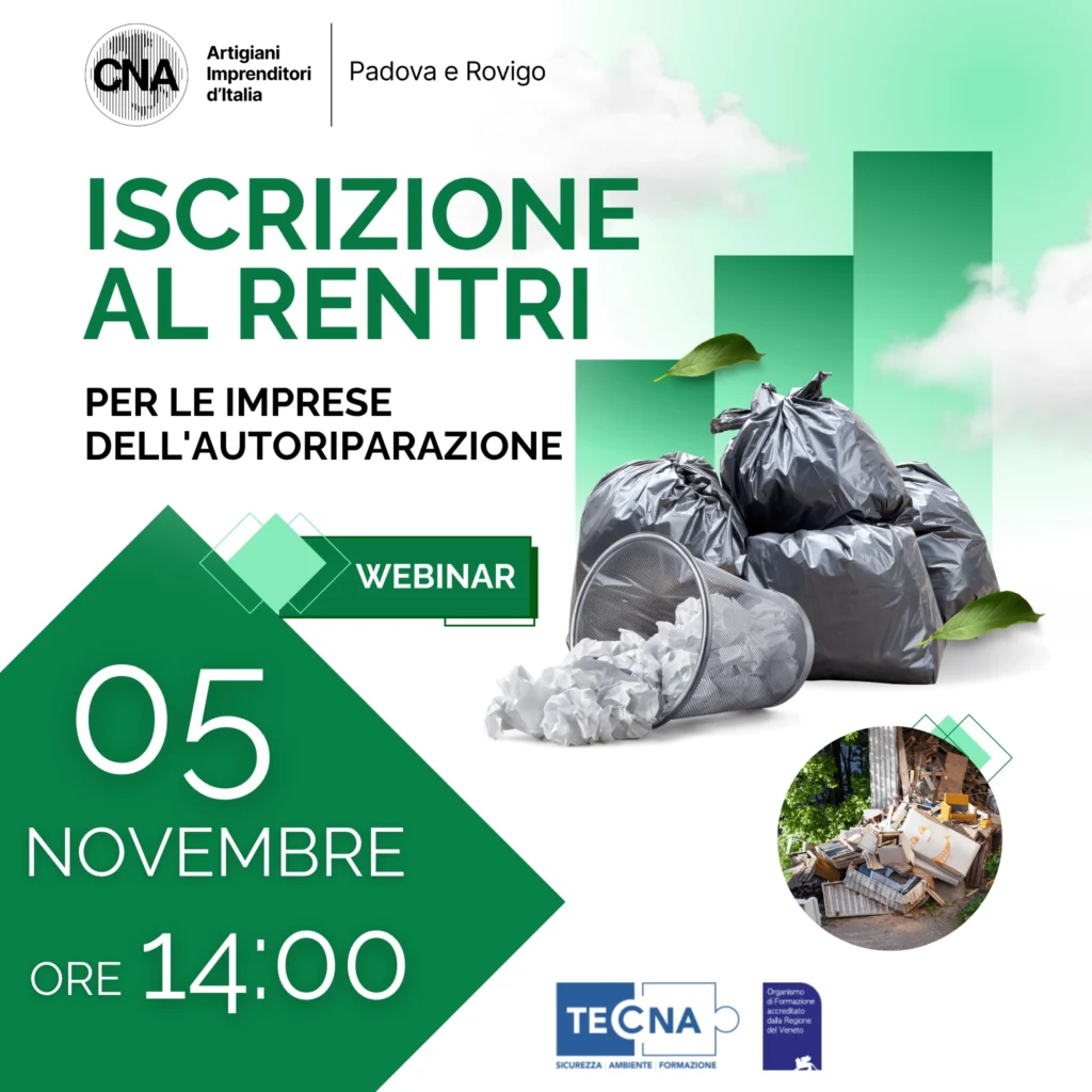 Iscrizione al Rentri per le imprese dell’autoriparazione: il 5 novembre un webinar gratuito di TeCNA e CNA Padova e Rovigo