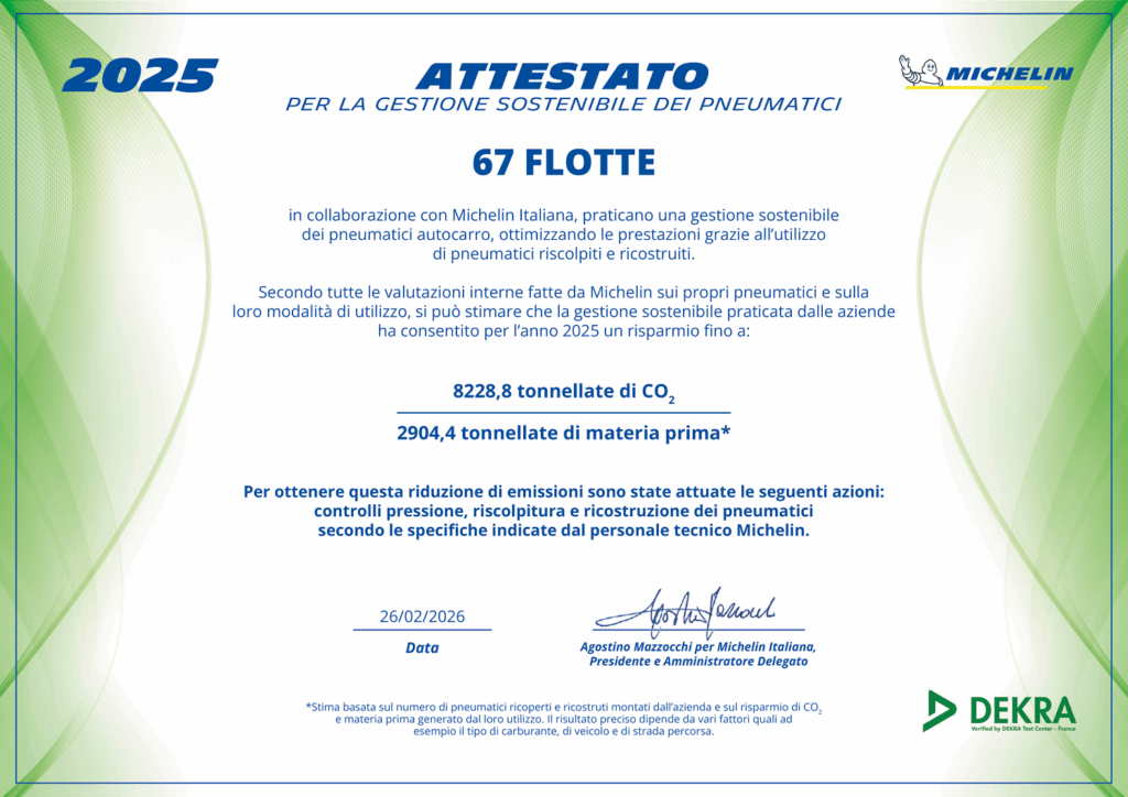 Michelin premia 67 flotte italiane con l’Attestato per la gestione sostenibile dei pneumatici